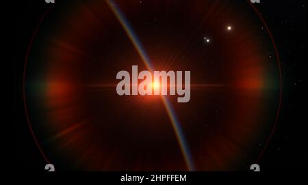 Sonnenaufgang hinter dem blauen Planeten. Fantastische wissenschaftliche Landschaft von Planeten im Weltraum. Grenzenloser schwarzer Raum, ein fiktiver blauer Planet. 3D Rendern Stockfoto