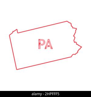 Pennsylvania US State Map rote Umrissgrenze. Vektorgrafik isoliert auf Weiß. Abkürzung mit zwei Buchstaben. Bearbeitbare Kontur. Liniengewicht einstellen Stock Vektor