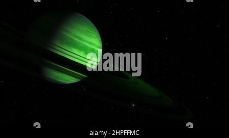 Fantastischer Planet, Saturn klingelt. Gasriesenplanet mit einem Planetenkörper, der um seine Umlaufbahn im Weltraum kreist. Science-Fiction im Weltraum. 3D Rendern Stockfoto