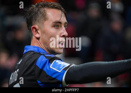 Kopenhagen, Dänemark. 20th. Februar 2022. Joel King (25) von Odense Boldklub, der 3F beim Superliga-Spiel zwischen dem FC Kopenhagen und Odense Boldklub im Kopenhagener Park gesehen wurde. (Foto: Gonzales Photo/Alamy Live News Stockfoto