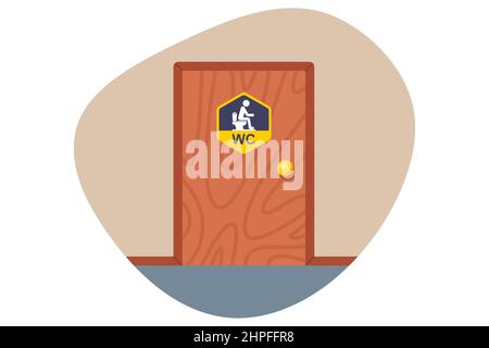 Holztür mit einem öffentlichen Toilettenschild. wc-Eingang. Flache Vektorgrafik. Stock Vektor