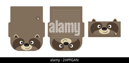 Nette schöne Waschbär Brief schreiben Schreibwaren Papier Laser schneiden Karte Vorlage. Tierdesign für Begrüßung, Einladung, Dankeskarten. Vektormaterial Stock Vektor