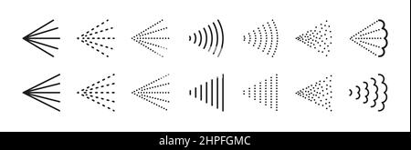 Sprühen Sie Dampfsymbole auf Wasser, Parfüm, Farbe oder Deodorant. Streugas oder Aerosoldunst. Sprühsymbole. Dampfdüse fließt. Satz von Vektorgrafiken Stock Vektor