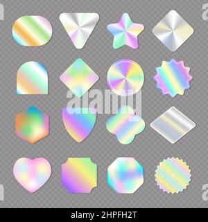 Holografische Aufkleber. Retro glänzende Gradienten Aufkleber Anzeigen Embleme und Tags Einhorn lustige Farben jüngsten Vektor holografische Stempel Stock Vektor