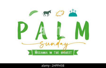 Palmsonntag - Hosanna in der höchsten. Christliche Grußkarte mit Symbolen der Karwoche. Selig ist, der da kommt im Namen des Herrn! Bibelvektor il Stock Vektor