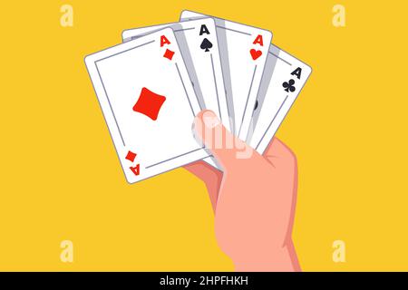 Hand hält vier Asse. Gewinnen Sie das Kartenspiel. Flache Vektor-Illustration. Stock Vektor