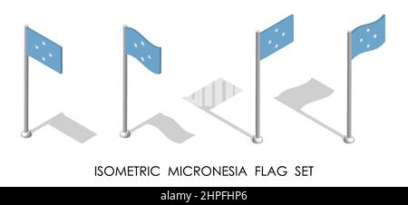 Isometrische Flagge MIKRONESIENS in statischer Position und in Bewegung auf Fahnenmast. 3D Vektor Stock Vektor
