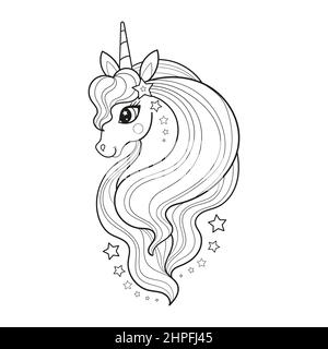 Niedliche Cartoon Einhorn Kopf mit langen Mähne. Schwarz-weiße lineare Zeichnung. Vektor Stock Vektor