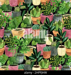 Aquarell Haus Pflanzen Muster, Grün natürlichen Hintergrund, Natur abstrakten Hintergrund, Wallpaper Design, modernes Print-Design, Blumenmuster Stockfoto