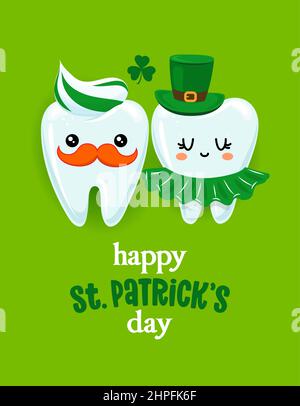 Happy saint Patrick’s Day – ein Paar mit Zahn im Kawaii-Stil. Handgezeichnete Zahnfee mit witzigem Zitat. Gut für Schulpräventionsplakate, Stock Vektor