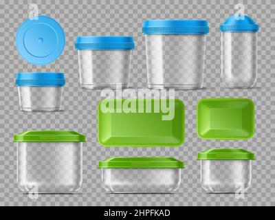 Modelle mit transparenten Lebensmittelbehältern. Realistische Kunststoffverpackungen mit farbigen Kappen. Verpackung für die Lagerung von Mahlzeiten. Runde und quadratische Gläser klar. Isoliert Stock Vektor