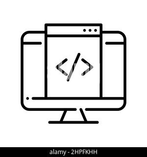 HTML-Webseiten-Codierung auf dem Computermonitor. Pixel Perfect, bearbeitbares Kontursymbol Stock Vektor