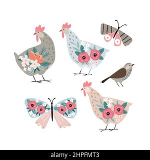 Set von dekorativen Vögeln, Schmetterling. Henne, Nutztiere. Niedliches Blumen- und Kinderdesign. Isolierte Vektorobjekte, Aufkleber für Scrapbooking. Vögel und Blumen Stock Vektor