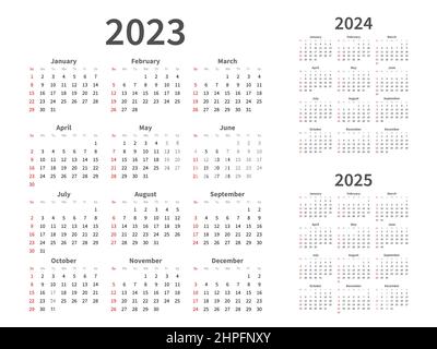 Kalenderraster. 2023, 2024, 2025 Jahre grafische Planung. Einfaches, minimalistisches Design. Datumsnummern. Monatstagebuch. Vertikale Wochen Veranstalter am Sonntag zu Stock Vektor
