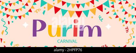 Happy Purim. Jüdische Feiertage Hintergrund und Karneval Kirmes Banner mit Karneval Masken und traditionelle jüdische Gegenstände. Vektorgrafik Stock Vektor