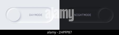 Mit den Schaltflächen „Tagmodus“ und „Nachtmodus“ können Sie Vektorgrafiken festlegen. Helle Tag und dunkle Nacht Schieberegler Kombination mit Mond und Sonne Symbole für Web Stock Vektor