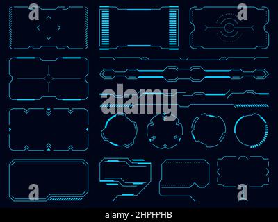 HUD Sci Fi-Benutzeroberflächenelemente. Futuristische Digitaltechnologie, leere Rahmen und Balken. Info-Anruffelder. Layout der Spielränder. Bedienfeld. Virtuell Stock Vektor
