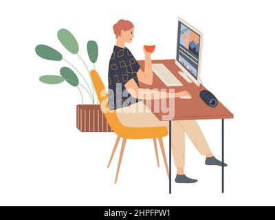 Junge Frau sitzt und arbeitet an einem Computer. Stock Vektor