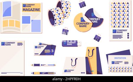 Symbol für Druckmaterial. Geschäftsflyer Werbebroschüren Broschüren besuchen Karten Zeitschriften grellen Vektor flache farbige Bilder eingestellt Stock Vektor
