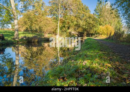 Goytre-Brücke Nummer 76, ein denkmalgeschütztes Gebäude der Klasse 2, das sich über den Monmouthshire und den Brecon Canal erstreckt. Abergavenny Gwent Großbritannien. November 2021. Stockfoto