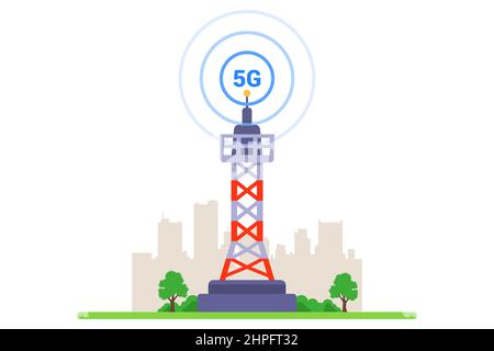 5G-Turm auf weißem Hintergrund. High-Speed-Internet einer neuen Generation. Flache Vektor-Illustration. Stock Vektor