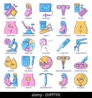 Symbole für Gynäkologie und Geburtshilfe in farbiger Linienführung. Weibliche reproduktive Gesundheit. Vektorgrafik. Stock Vektor