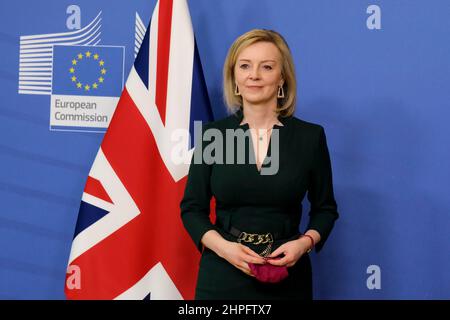 Brüssel, Belgien. 21st. Februar 2022. Maros Sefcovic, Vizepräsident der Europäischen Kommission, begrüßt die britische Außenministerin Liz Truss vor einem gemeinsamen Ausschuss EU-UK zum Austritt am 21. Februar 2022 in Brüssel, Belgien. Kredit: ALEXANDROS MICHAILIDIS/Alamy Live Nachrichten Stockfoto