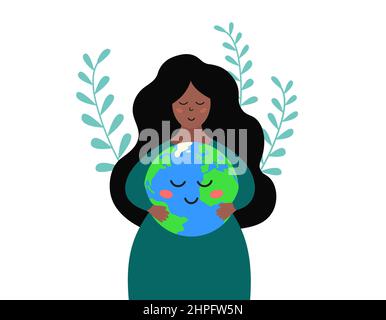 Nette Frau umarmt glücklichen Planeten Erde mit Sorgfalt und Liebe. Mädchen hält die Erde. Umweltschutz und Rettung des Planeten Konzept. Öko-Aktivismus. Vecto Stock Vektor