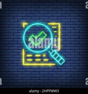 Vector Vergrößerungsglas mit Vertrag, genehmigter Kredit, Dokument mit Prüfzeichen Neonschild. Stock Vektor