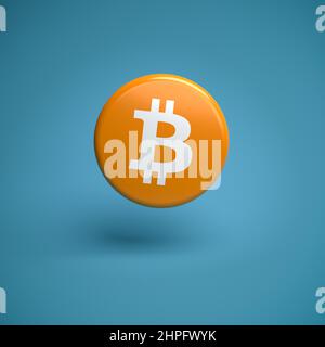 Das Logo des Kryptowährungs-Bitcoins (BTC) schwebt über einem nahtlosen grünen Hintergrund. Stockfoto