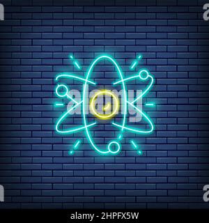 Vektor-Atom, Molekül, Wissenschaft Neon-Zeichen. Isoliert auf einem Backstein Wand Hintergrund Stock Vektor