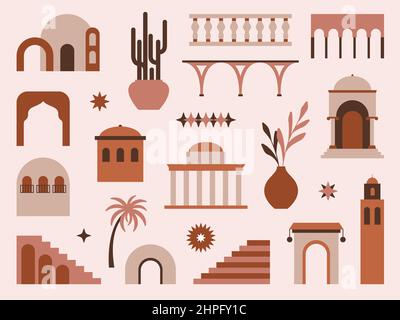 Moderne, trendige Architektur. Aestetic maroccan Treppe und Ost-Stil moderne futuristische Gebäude. Abstrakte böhmische Kunst, Bogen und Fenster, schwülig Stock Vektor