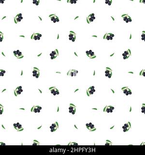 Nahtloses Muster mit Zweig schwarzer Oliven mit Früchten und Blättern. Griechisch-traditionelles Essen auf weißem Hintergrund. Vektorgrafik flach Stock Vektor