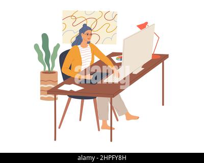 Frau arbeitet an ihrem Computer mit einem Grafiktablett. Ein Mitarbeiter des kreativen Berufs Stock Vektor