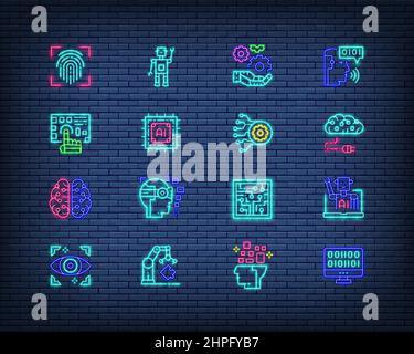 Set von künstlicher Intelligenz Neonschild. Computerchip, Virtual Reality, Chatbot, Big Data und mehr. Vektorgrafik im Neon-Stil. Stock Vektor