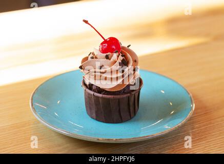 Schokoladenkuchen mit Schlagsahne und roter Kirsche auf dem Teller Stockfoto