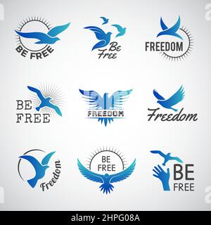 Freedom-Logo. Business-Identität Symbole mit fliegenden Vögel Silhouetten und schreiben positive Inspiration Phrasen aktuellen Vektor-Vorlagen gesetzt Stock Vektor
