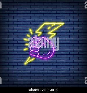 Vector Hand mit Blitz, Power Neon Zeichen. Stock Vektor