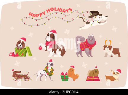 Lustige weihnachtshunde. Niedlichen Welpen in Winterkleidung Tiere in Schal und Pullover genaue Vektor-Cartoon-Illustration-Set Stock Vektor