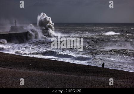 Newhaven Lighthouse, Großbritannien, 21st. Februar 2022. Ein Hundewanderer, der am Strand stand, als der Leuchtturm von Newhaven von starken Wellen getroffen wurde, als der Sturm Franklin fegt, dachte an Teile der Südküste Englands. Quelle: Steven Paston/Alamy Live News Stockfoto