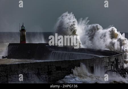 Newhaven Lighthouse, Großbritannien, 21st. Februar 2022. Die Meereswand des Newhaven Lighthouse wurde von starken Wellen getroffen, als der Sturm Franklin fegt, und dachte an Teile der Südküste Englands. Quelle: Steven Paston/Alamy Live News Stockfoto