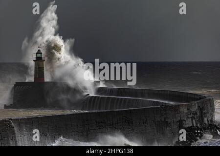 Newhaven Lighthouse, Großbritannien, 21st. Februar 2022. Die Meereswand des Newhaven Lighthouse wurde von starken Wellen getroffen, als der Sturm Franklin fegt, und dachte an Teile der Südküste Englands. Quelle: Steven Paston/Alamy Live News Stockfoto