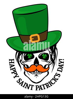 Happy Saint Patrick - wunderschöner Totenkopf mit irischem Kobold-Hut und Schnurrbart. Stock Vektor