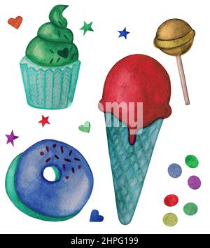 Clipart - Lollipop Eis Cupcake Kerze Stern. Aquarell Lebensmittel Illustration isoliert auf weiß. Design für Grußkarte, Stoff, Textil, Tapete, Menü, Verpackung, Druck, Verpackung, Babyzimmer. Stockfoto
