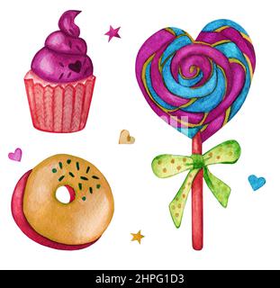 Clipart - Eis Cupcake Herz Stern. Bunte Aquarell Lebensmittel Illustration isoliert auf weiß. Design für Grußkarte, Stoff, Textil, Tapete, Menü, Verpackung, Druck, Verpackung, Babyzimmer. Stockfoto