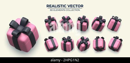 Set von 3D realistische rosa Geschenkbox mit schwarzer Schleife. Sammlung von realistischen Geschenken . Festliche bunte dekorative 3D rendern Objekt. Isoliert auf weißem Hintergrund. vektorgrafik Stock Vektor