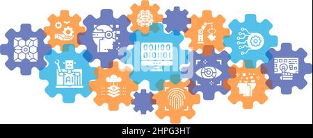Symbol für künstliche Intelligenz. Robotik, Chatbot, Datenbank, Big Data auf weißem Hintergrund isolierte Symbole Stock Vektor