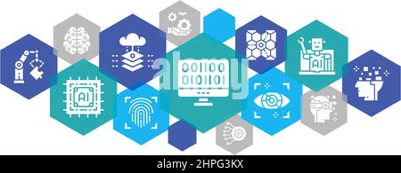 Webbanner für künstliche Intelligenz. Robotik, Chatbot, Datenbank, Big Data Vektor horizontale Linie Symbole Illustration Stock Vektor
