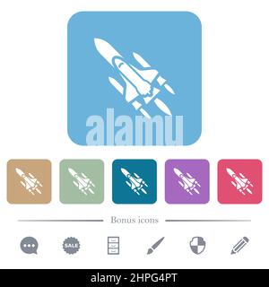 Space Shuttle mit Abschussrampen weißen flachen Symbolen auf farbigen abgerundeten quadratischen Hintergründen. 6 Bonus-Symbole enthalten Stock Vektor