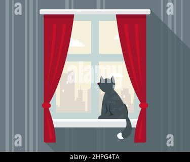 Die Katze sitzt auf der Fensterbank und blickt in Erwartung des Besitzers aus dem Fenster. Flache Vektordarstellung. Stock Vektor